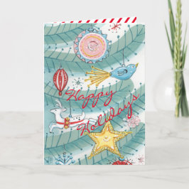 Vintag Moderner Christbaum und Ornamente Kunst, Di Feiertagskarte