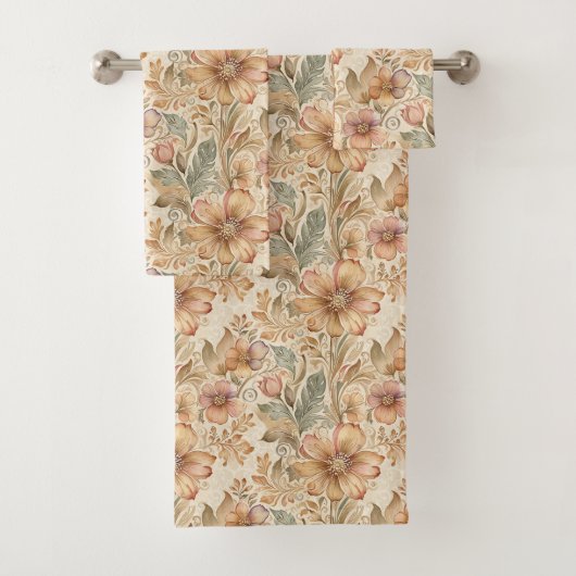 Vintag Modernes Elegantes Peach Floral Badhandtuch Set (Insitu)