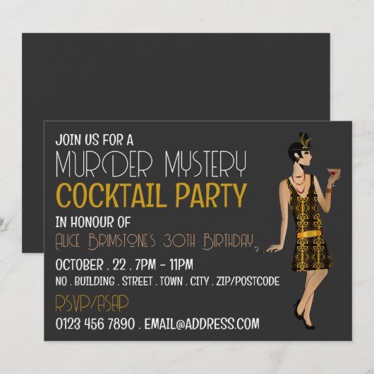 Vintag Mord Mystery Cocktail Party, Geburtstag Einladung (Vorne/Hinten)