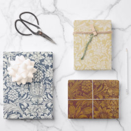 Vintag Morris Floral Sonnenblumen Trauben Blau Gel Geschenkpapier Set