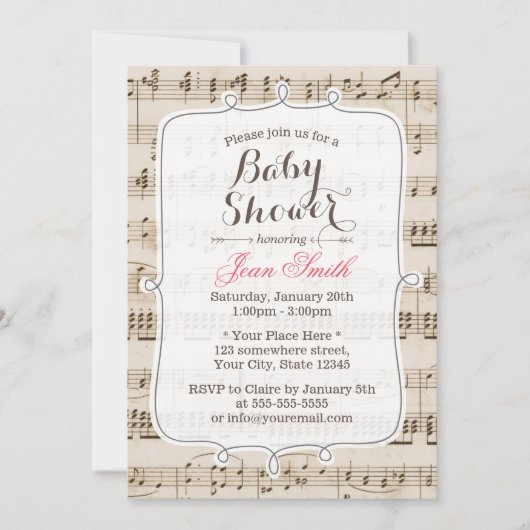 Vintag Music Sheet Baby Shower Einladungen (Vorderseite)