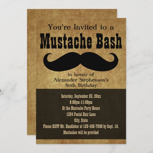 Vintag Mustache Bash Einladung (Vorne/Hinten)