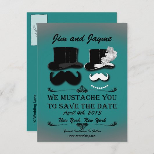 Vintag Mustache Save the Date Ankündigungspostkarte (Vorne/Hinten)