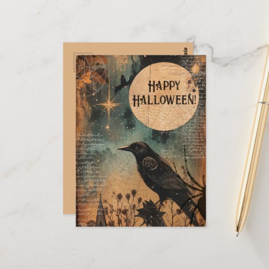 Vintag Mystic Raven Moon Happy Halloween Postkarte (Vorderseite/Rückseite Beispiel)