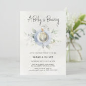 Vintag Nachmittagstee Kaffee Blue Boy Baby Dusche Einladung (Stehend Vorderseite)