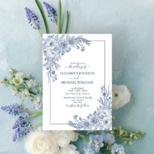 Vintag Navy Blue Floral Line Art Script Hochzeit Einladung
