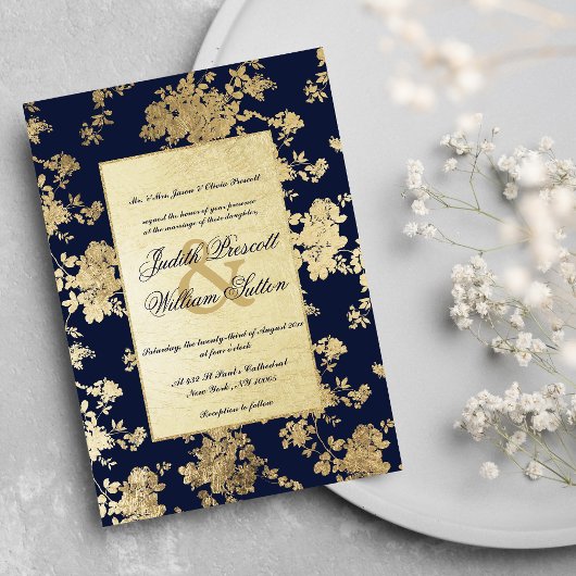 Vintag Navy Blue Gold Blumenmuster Hochzeit Invi Einladung