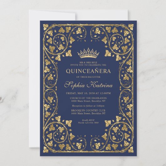 Vintag Navy Blue Gold Frame Tiara Quinceanera Einladung (Vorderseite)