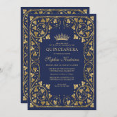 Vintag Navy Blue Gold Frame Tiara Quinceanera Einladung (Vorne/Hinten)