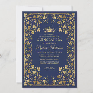 Vintag Navy Blue Gold Frame Tiara Quinceanera Einladung