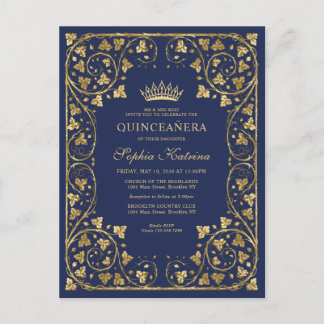 Vintag Navy Blue Gold Frame Tiara Quinceanera Einladungspostkarte