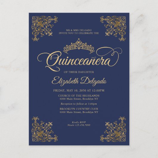 Vintag Navy Blue Gold Frame Tiara Quinceanera Postkarte (Vorderseite)