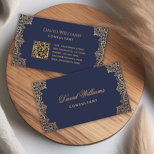 Vintag Navy Blue Gold QR Code Elegant Antique Visitenkarte