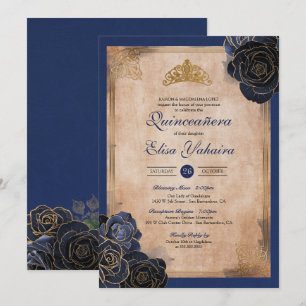 Vintag Navy Blue Gold Rose Royal Quinceanera Einladung