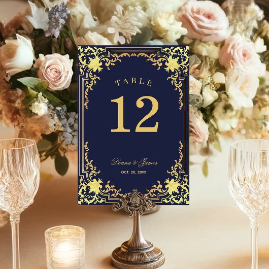 Vintag Navy Blue Imitate Gold Elegante Script Hoch Tischnummer