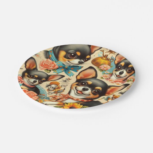 Vintag Niedliche nahtlose Chihuahua Pappteller (Schrägansicht)