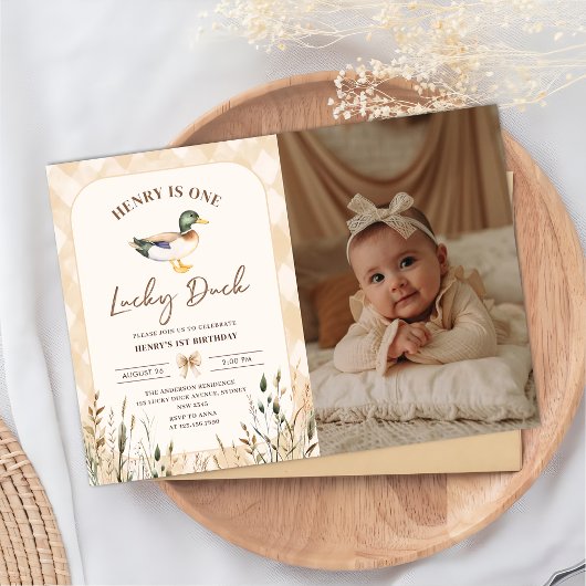 Vintag One Lucky Duck 1. Geburtstag Foto Einladung