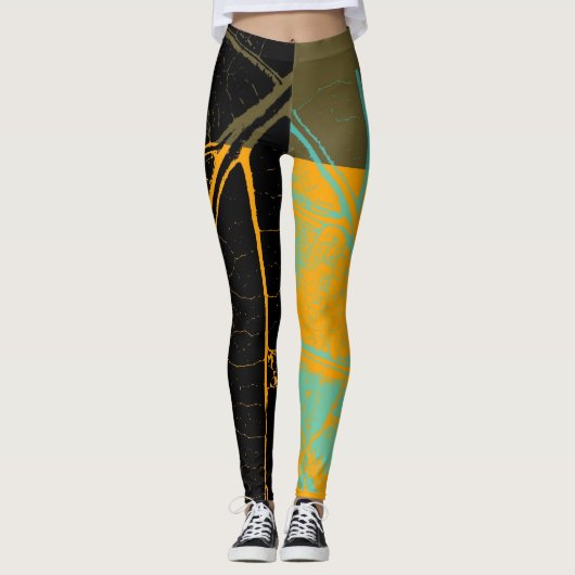 Vintag Orange Black Leaf Leggings (Vorderseite)