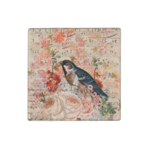 Vintag Orange Blue Floral Bird Musical Ephemere