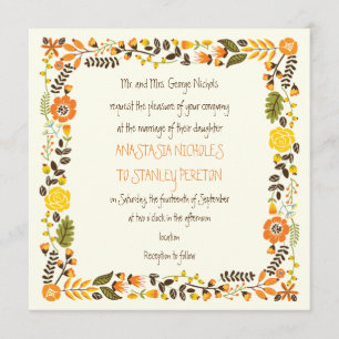 Vintag orange-gelbe Blumengrenze Moderne Hochzeit Einladung