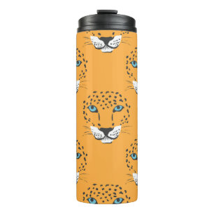 Vintag orangefarbenes nahtloses Muster mit Leopard Thermosbecher