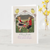 Vintag OsterGirl Bunny Chick Karte (Gelbe Blume)