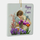 Vintag OsterGirl Bunny Rabbit und Tulissen Keramikornament (Rechts)