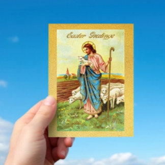 Vintag Ostergruß Hirte Schafe Lamb Jesus Postkarte