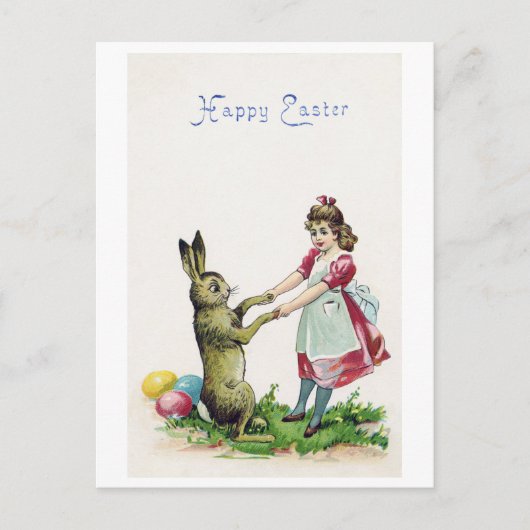 Vintag Osterhase mit Girl Postkarte (Vorderseite)