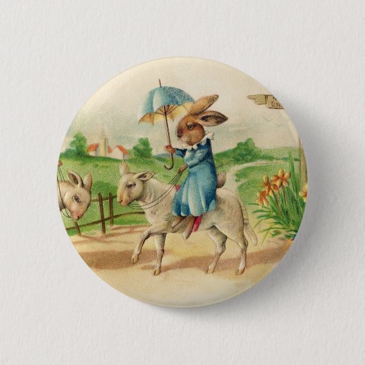 Vintag Ostern Bunny Rabbit Riding Lambs Grüße Button (Vorderseite)