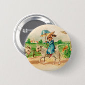 Vintag Ostern Bunny Rabbit Riding Lambs Grüße Button (Vorne & Hinten)