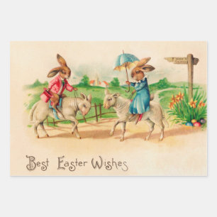 Vintag Ostern Bunny Rabbit Riding Lambs Grüße Geschenkpapier Set