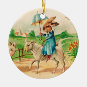 Vintag Ostern Bunny Rabbit Riding Lambs Grüße Keramik Ornament