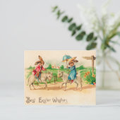 Vintag Ostern Bunny Rabbit Riding Lambs Grüße Postkarte (Stehend Vorderseite)