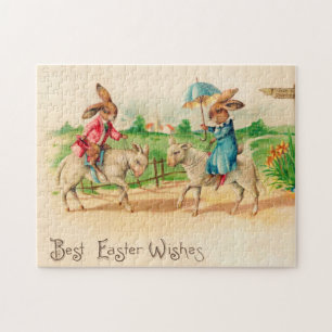 Vintag Ostern Bunny Rabbit Riding Lambs Grüße Puzzle