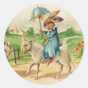 Vintag Ostern Bunny Rabbit Riding Lambs Grüße Runder Aufkleber
