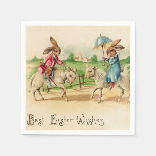 Vintag Ostern Bunny Rabbit Riding Lambs Grüße Serviette (Vorderseite)