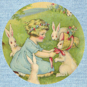 Vintag Ostern, Girl-Bonnet auf dem Kaninchen Runder Aufkleber