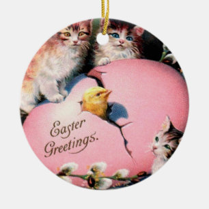 Vintag Ostern Grüße Katzen Küken und Ostereier Keramik Ornament