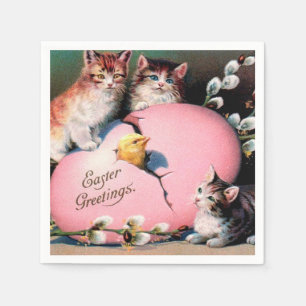 Vintag Ostern Grüße Katzen Küken und Ostereier Serviette