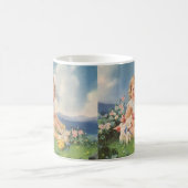 Vintag Ostern, Mädchen mit Hühnerlammchen auf der  Kaffeetasse (Mittel)