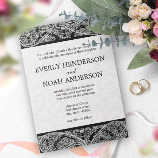 Vintag Paisley Black Damask Hochzeiten Einladung