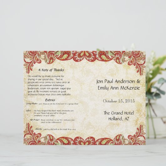 Vintag Paisley Peacock Red Wedding Program (Stehend Vorderseite)