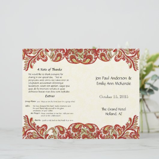 Vintag Paisley Peacock Red Wedding Program (Stehend Vorderseite)