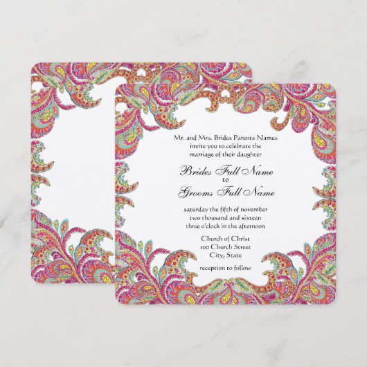 Vintag Paisley Pink, Himbeere und Limone Hochzeite Einladung (Vorne/Hinten)