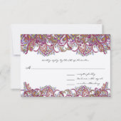 Vintag Paisley Raspberry Feathers RSVP Karte (Vorderseite)