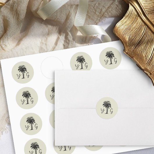 Vintag Palm Mit Monogramm Wedding Runder Aufkleber