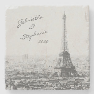 Vintag Paris Eiffel Tower Schwarz-weißer Foto Name Steinuntersetzer