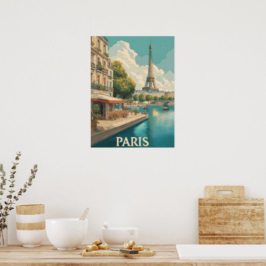 Vintag Paris: Eiffelturm & Seine Café Poster (Küche)