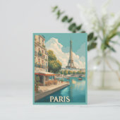 Vintag Paris: Eiffelturm & Seine Café Postkarte (Stehend Vorderseite)